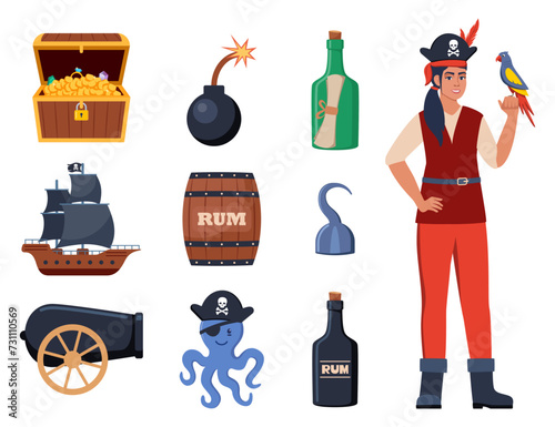 Pirate elements set. Pirates theme illustrations with ship, captain, chest, map, parrot, rum, cannonball. Funny pirate party icons. Vector illustration.