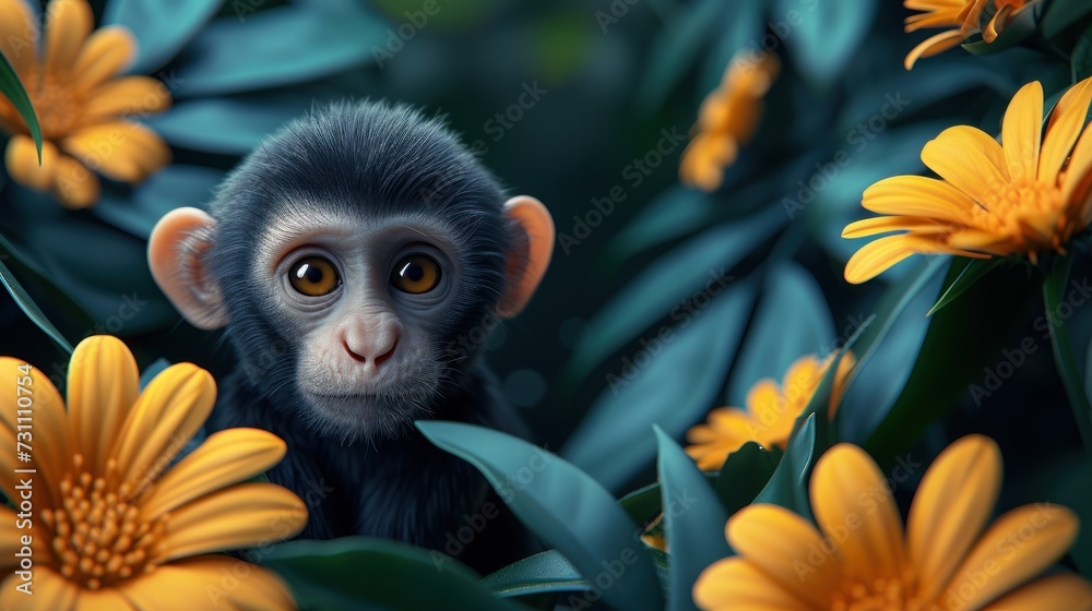 a close up of a monkey in a field of flowers with a blurry background of leaves and yellow flowers.