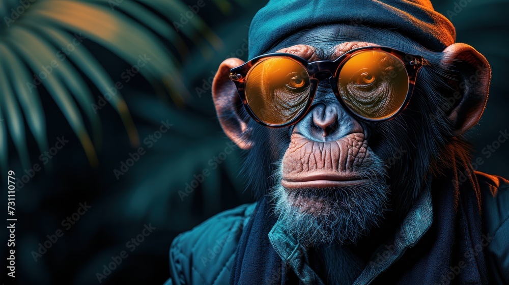 a close up of a monkey wearing sunglasses and a hat with a palm tree in the backgrouund. a close up of a monkey wearing sunglasses and a hat with a palm tree in the backgrouund.