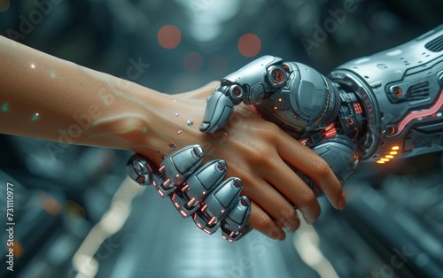 A human and a robot come together in a moment of unity, their hands clasping in a gesture of mutual understanding and connection, with the ticking of a watch serving as a reminder of the preciousness