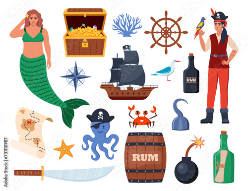 Pirate elements set. Pirates theme illustrations with ship, captain, chest, map, parrot, rum, cannonball. Funny pirate party icons. Vector illustration.