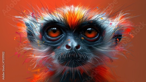 a painting of a monkey's face with orange, red, and blue paint splatters on it.