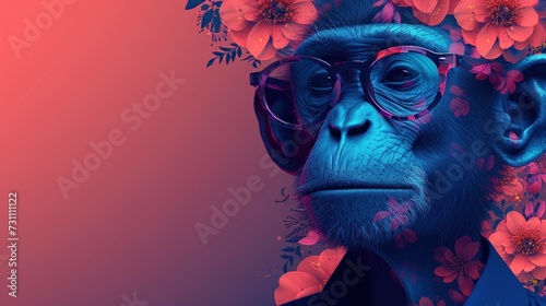a monkey wearing glasses and a flower crown on its head, with a pink background and red flowers on its head. photo