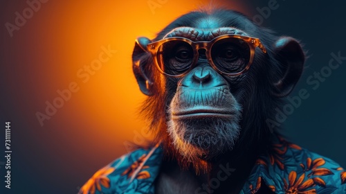 a monkey wearing sunglasses and a shirt with a flower pattern on it s chest and a shirt with a flower pattern on it s chest.