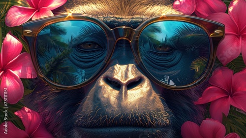 a monkey wearing a pair of sunglasses with pink flowers around its neck and a reflection of its face in the sunglasses. photo