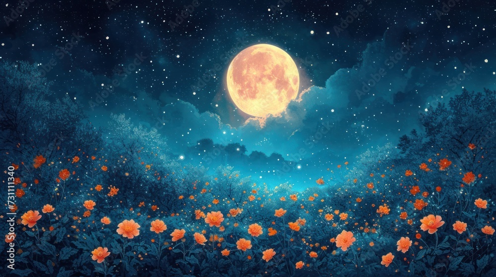 a painting of a full moon in a night sky with flowers in the foreground and stars in the background. a painting of a full moon in a night sky with flowers in the foreground and stars in the background.