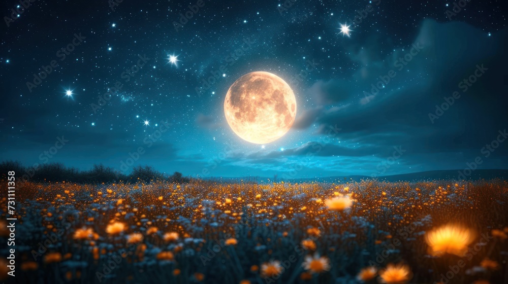 a night scene with a full moon and stars in the sky above a field of wildflowers and a field of wildflowers in the foreground. a night scene with a full moon and stars in the sky above a field of wildflowers and a field of wildflowers in the foreground.