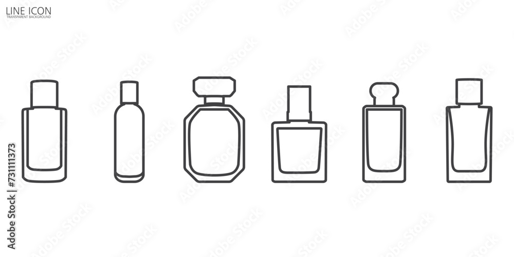 Simple collection of perfume line icons. Perfume bottles, icon set. Eau de toilette. Packaging of various shapes, linear icons of parfumes in transparet background. Simple collection of perfume line icons. Perfume bottles, icon set. Eau de toilette. Packaging of various shapes, linear icons of parfumes in transparet background.