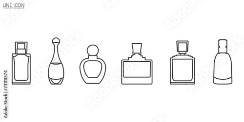 Perfume line icons. Perfume bottles, icon set. Eau de toilette. Packaging of various shapes, linear icons of parfumes in transparet background.
