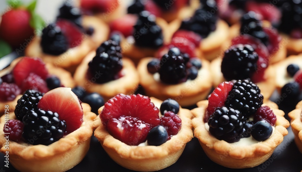 Fruit and berry tarts dessert tray assorted. Closeup of beautiful delicious pastry sweets with fresh