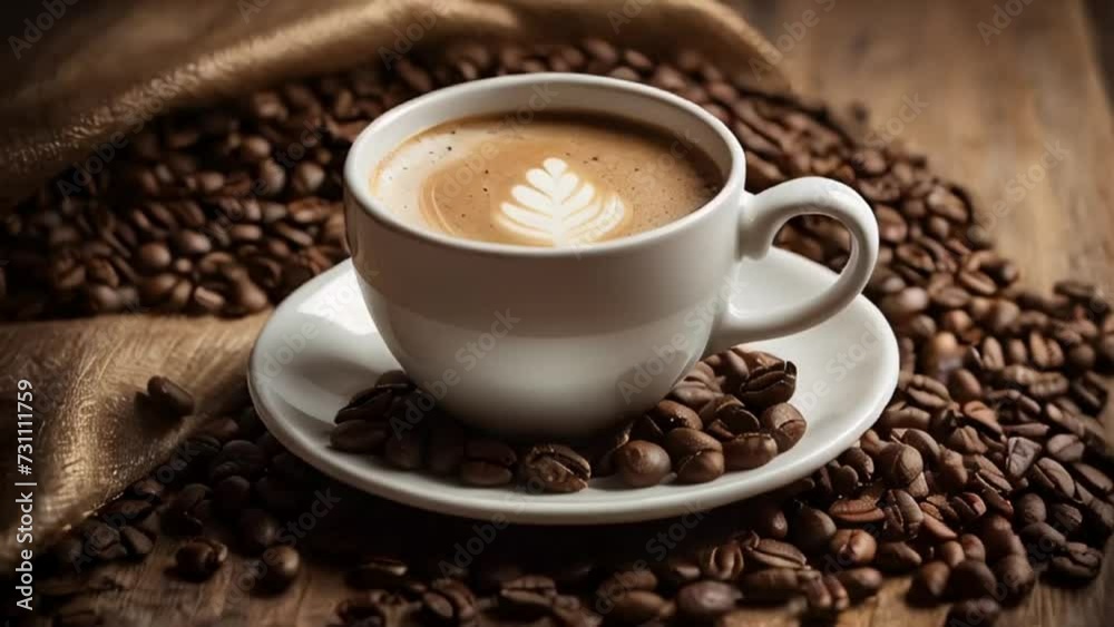 Beautiful cup of coffee, latte art, grains