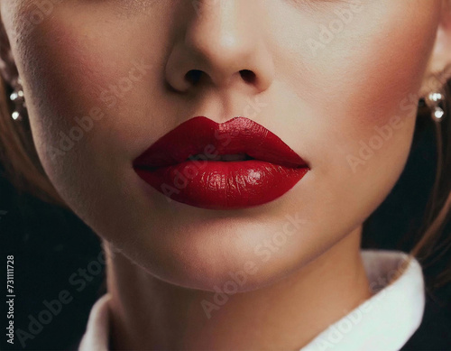 Woman's face with visible, full lips with red lipstick