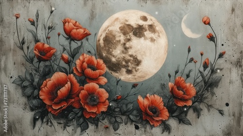 a painting of a full moon with red flowers in the foreground, and a full moon in the background.