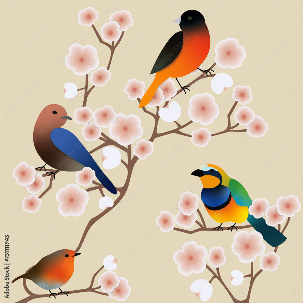 Birds on Cherry Blossom Tree Birds on Cherry Blossom Tree