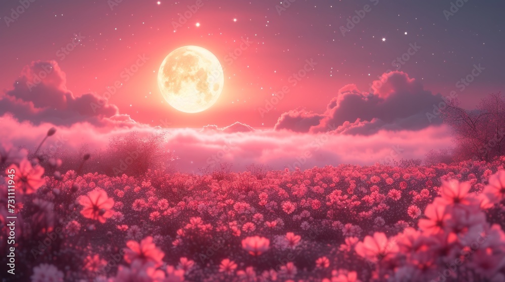 a full moon in a pink sky above a field of flowers with pink and white flowers in the foreground.