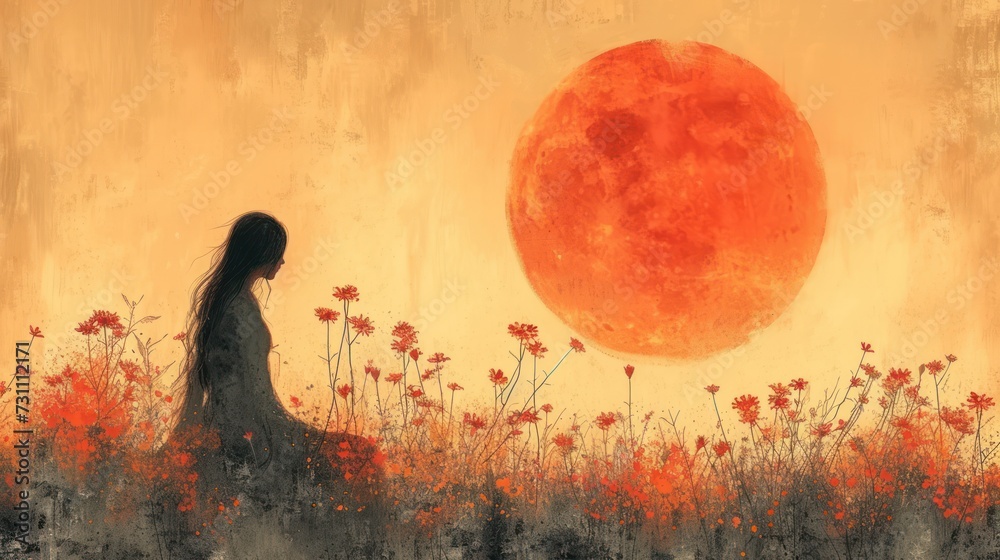 a painting of a woman standing in a field of flowers in front of a large red ball of the sun. a painting of a woman standing in a field of flowers in front of a large red ball of the sun.