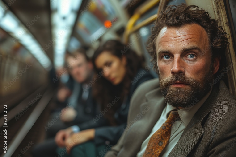 Amidst the hustle and bustle of the crowded subway, a rugged man with a well-groomed beard and mustache sits in deep contemplation, his piercing gaze and sophisticated attire a striking contrast agai