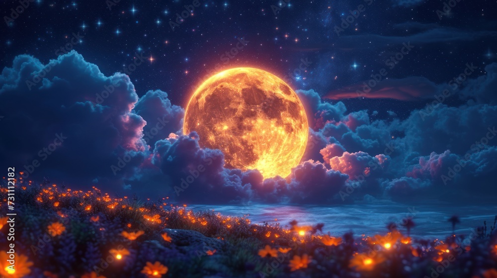 a painting of a full moon in the night sky with clouds and flowers in the foreground and stars in the background.