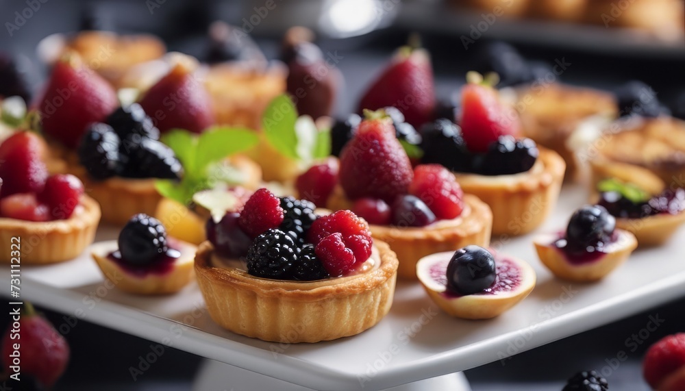 Fruit and berry tarts dessert tray assorted. Closeup of beautiful delicious pastry sweets with fresh Fruit and berry tarts dessert tray assorted. Closeup of beautiful delicious pastry sweets with fresh