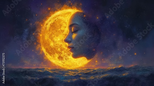 a painting of a woman's face in front of a full moon over a body of water with a star filled sky in the background. photo