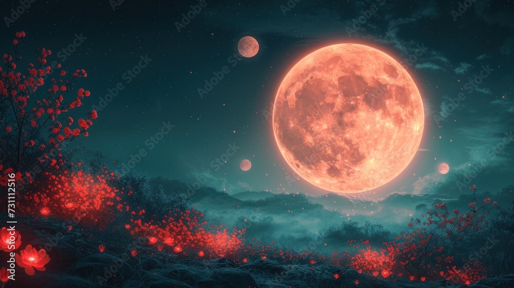 a painting of a full moon in the night sky above a field of flowers with red flowers in the foreground. a painting of a full moon in the night sky above a field of flowers with red flowers in the foreground.