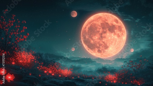 a painting of a full moon in the night sky above a field of flowers with red flowers in the foreground.