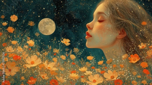 a painting of a girl in a field of daisies with a full moon in the sky in the background. photo