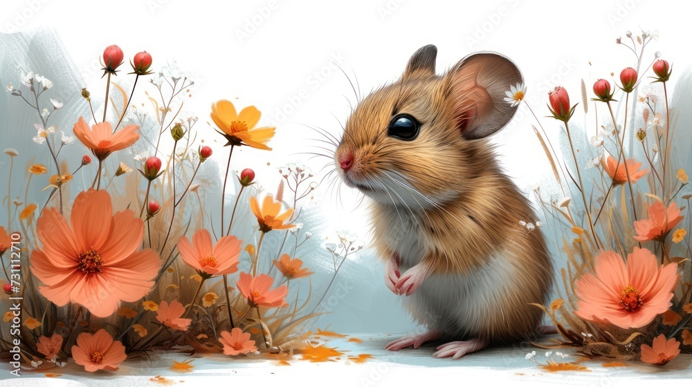 a painting of a mouse sitting in front of a field of orange and white flowers with a blue sky in the background.