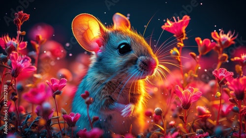 a close up of a mouse in a field of flowers with a blue sky and pink flowers in the background.