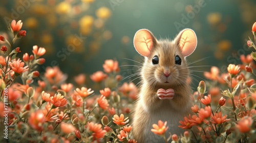 a mouse in a field of flowers with a bow tie around it's neck, looking at the camera. © Nadia