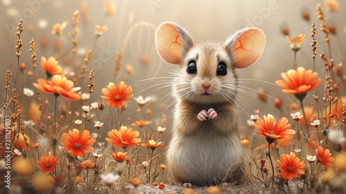 a mouse sitting in the middle of a field of flowers with a mouse's face sticking out of it's ears.