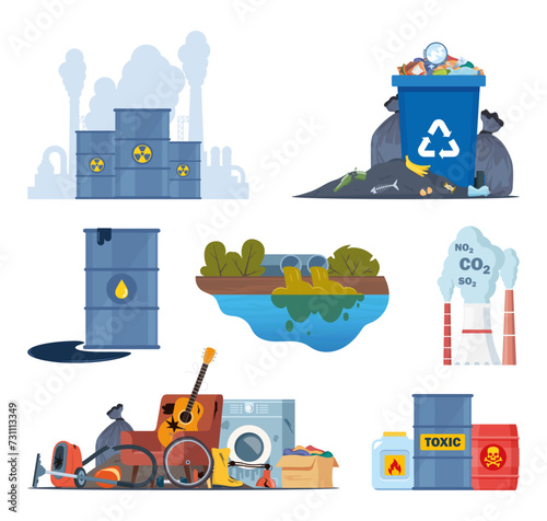Environmental pollution. Ecological concept. Pollution of land, water and air. Compositions set with hazardous, radioactive, industrial, housekeeping waste. Vector illustration.