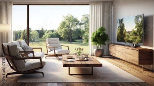 Living room with armchairs, coffee table, tv cabinet, hardwood floor, and countryside view. Blank tv display.