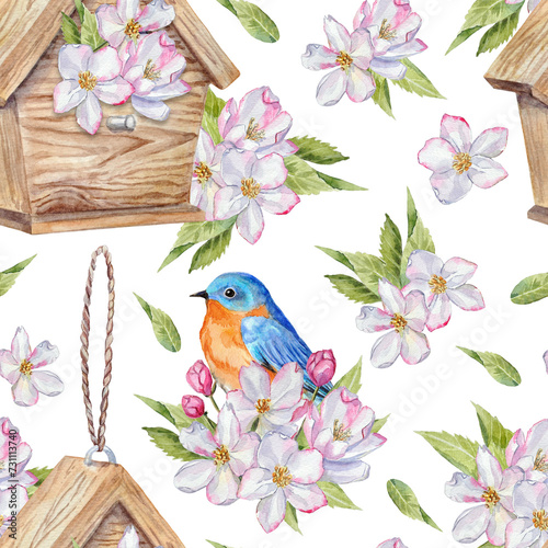 Spring seamless pattern with watercolor hand-painted elements. Spring pattern with a birdhouse, a bluebird, and apple blossom flowers on a transparent background.