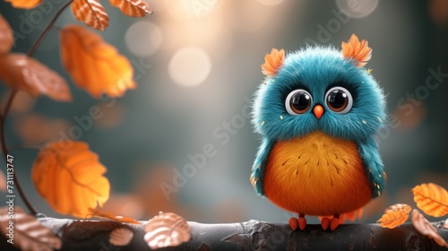 a small blue and orange bird sitting on top of a tree branch with leaves on it's sides and a blurry background. photo