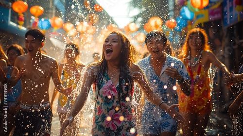 Close up happy Young woman having fun on playing water During the Songkran Festival on Khaosan Road, Bangkok, Thailand