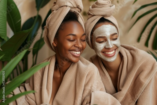 Two women in bathrobes and head towels smiling with joy while enjoying rejuvenating facial masks in a serene spa setting..