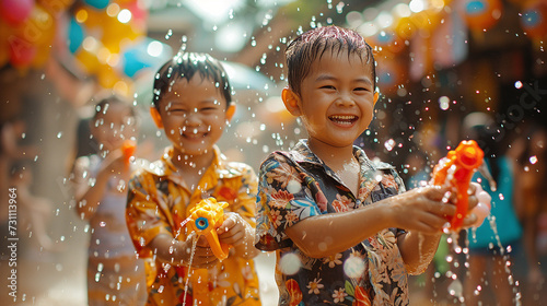 Boy having fun using water gun During the Songkran Festival on Khao San Road, Bangkok, Thailand © supaporn28