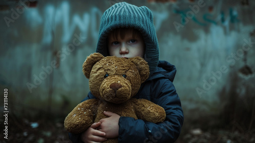 Torn Teddy Bear or damaged teddy bear to symbolize the harm inflicted upon children. Alternatively, you can show a child holding a teddy bear in a protective manner