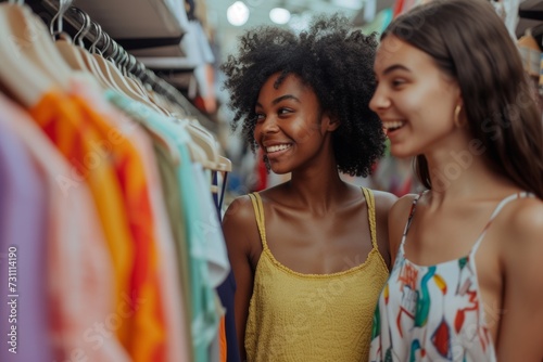 Joyful Shopping Friends Trying on New Clothes