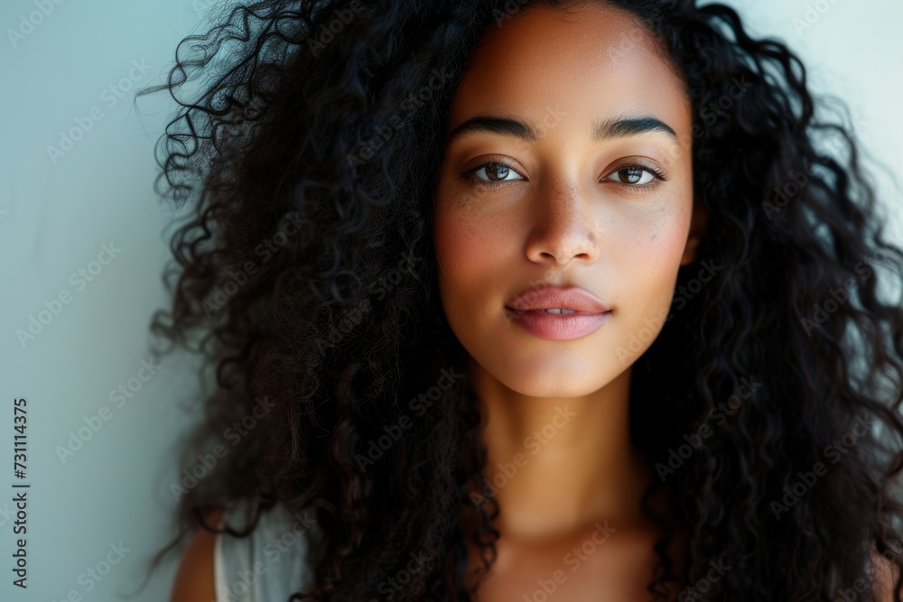 An African woman with styled long curly black hair gives a soft, direct look to the camera, her delicate features accentuated against a neutral background, emanating elegance and serenity. An African woman with styled long curly black hair gives a soft, direct look to the camera, her delicate features accentuated against a neutral background, emanating elegance and serenity.