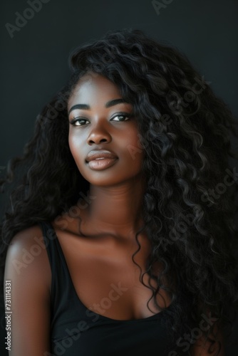 A portrait of a serene African woman with long, curly black hair, wearing a simple black tank top against a dark background. Her gaze is direct and confident, with a subtle, approachable expression