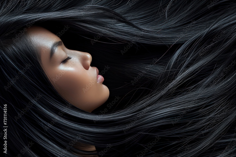 side portrait, close up of a woman with shiny, healthy black hair - ai-generated side portrait, close up of a woman with shiny, healthy black hair - ai-generated