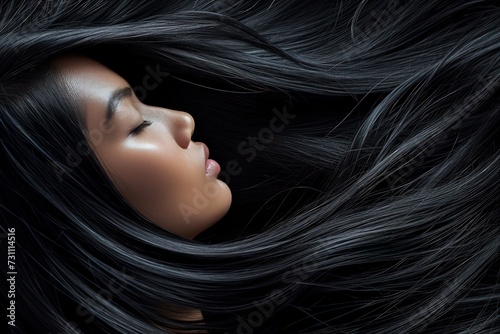 side portrait, close up of a woman with shiny, healthy black hair - ai-generated