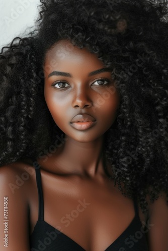 A close-up portrait of an African woman with beautifully styled long curly black hair, exuding confidence and grace, her serene expression set against a soft neutral backdrop.