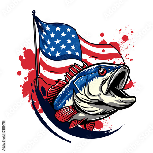 Largemouth bass fish in USA flag pattern for 4th of July American independence day or Veterans day,  generative ai, vector illustration, icon.