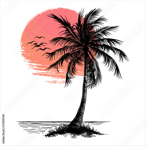 tropical palm trees at sunset, vector illustration, generative ai, isolated on white background.