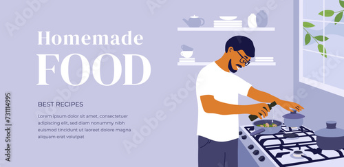 Homemade food best recipes design template. Young man cooking healthy meal in kitchen home. Male character preparing dinner fry in pan on big stove. Cooking like chef, cook class vector illustration