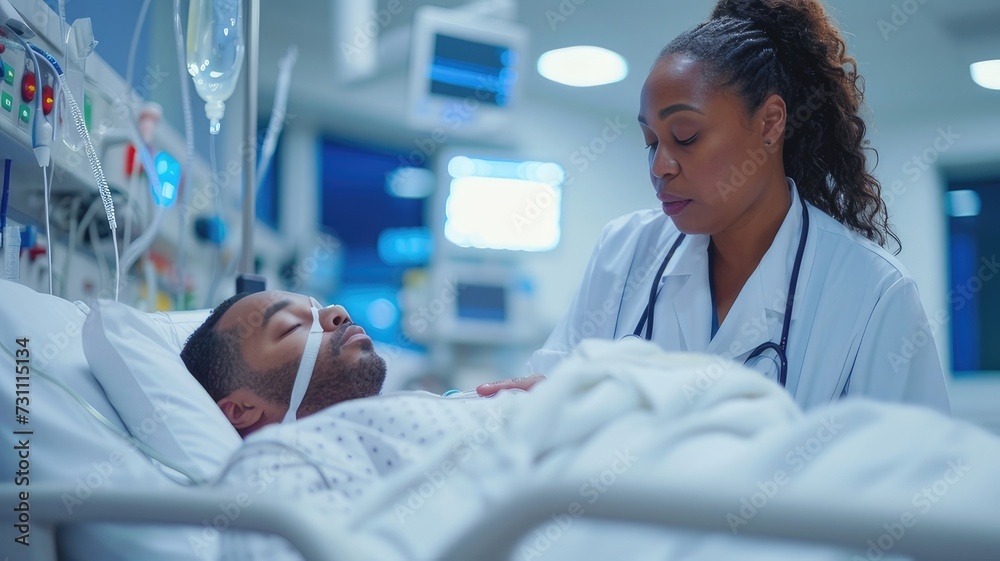 nurse checking vital signs of a patient in a hospital room, attentive ...