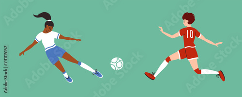 Women football match vector illustration. Female soccer players playing ball football field. Different sport team girls running to kick ball. Athlete game training. Isolated play on green background